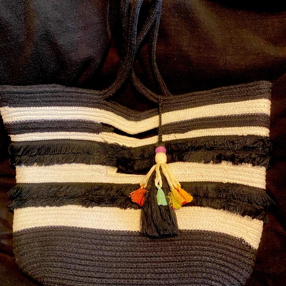 Striped Black and Cream Tote Bag - Picture 1 of 4